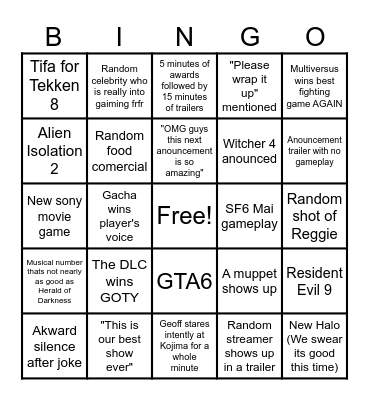 TGA 2024 Bingo Card