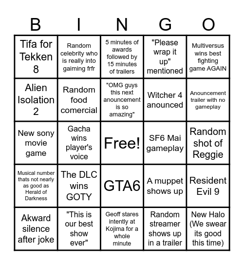 TGA 2024 Bingo Card