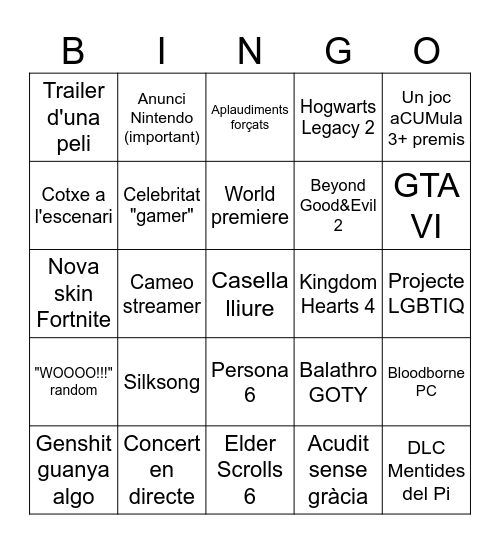 Game Awards 2024 Bingo Card