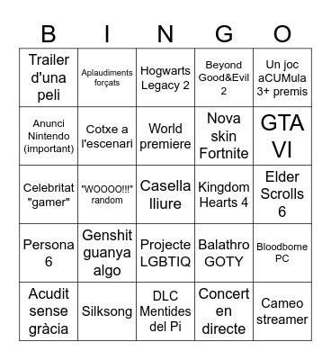 Game Awards 2024 Bingo Card