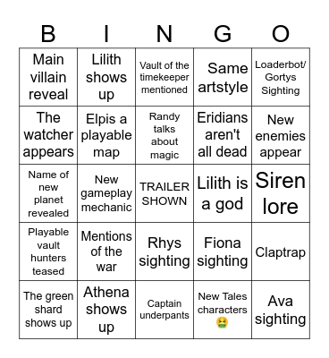 Borderlands Trailer Bingo Card