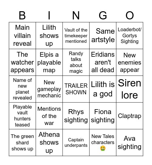 Borderlands Trailer Bingo Card