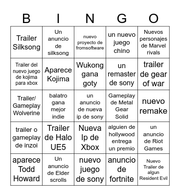 Goty 2024 Bingo Card