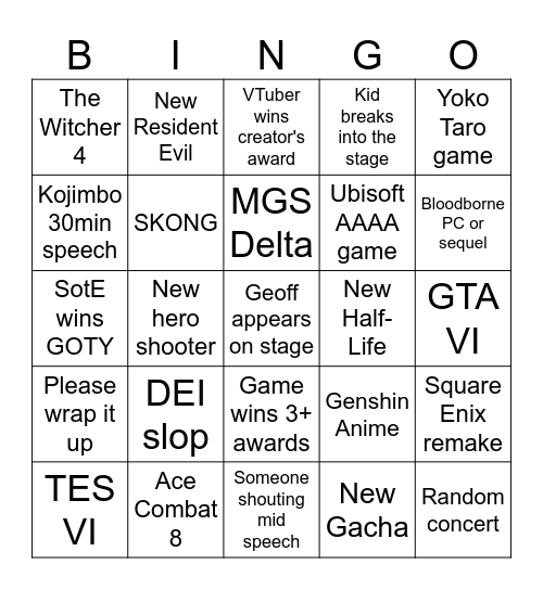 The Game Awards 2024 Bingo Card