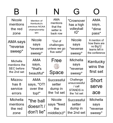 Missouri vs Kentucky BINGO Card
