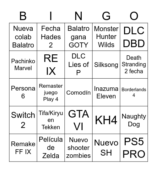 GAME AWARDS 2024 Bingo Card