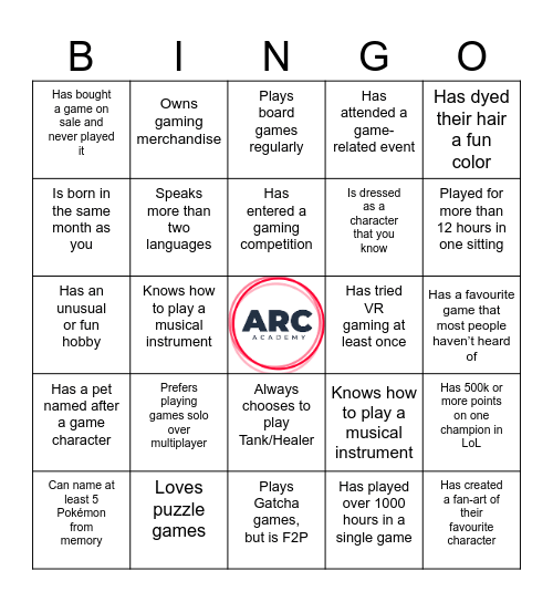 ARC Academy Human Bingo Card