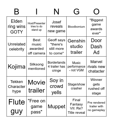 Game Awards Bingo Card