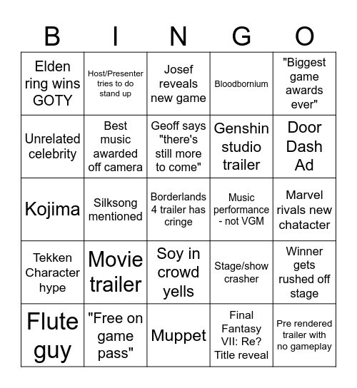 Game Awards Bingo Card