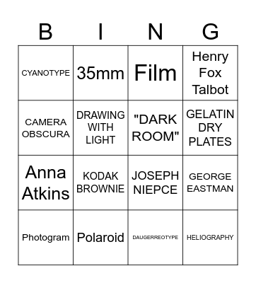 HISTORY OF PHOTOGRAPHY Bingo Card