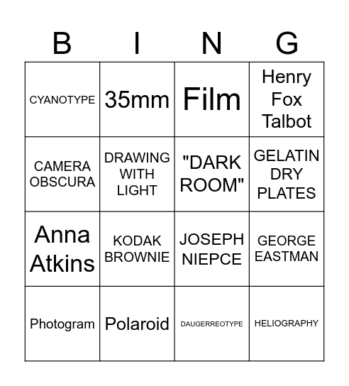 HISTORY OF PHOTOGRAPHY Bingo Card