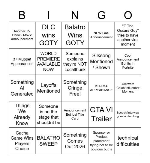 Game Awards 2024 Bingo Card