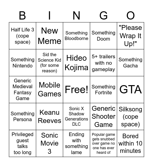 Game Awards 2024 Bingo Card