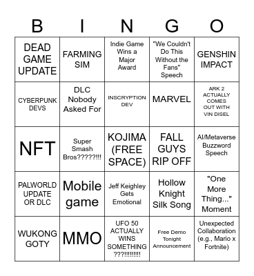 The game awards Bingo Card