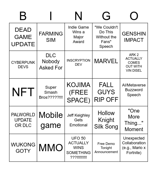 The game awards Bingo Card