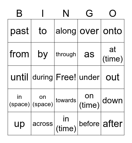 Preposition of Movement/Space/Time Bingo Card