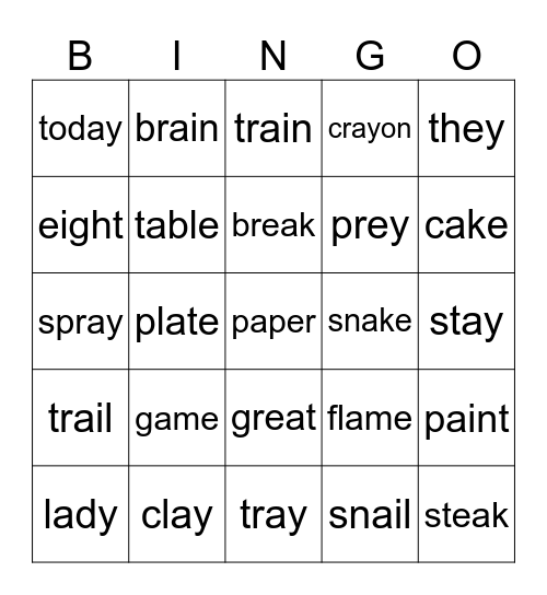 Long A Bingo Card