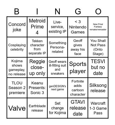 The Game Awards 2024 Bingo Card