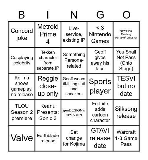 The Game Awards 2024 Bingo Card
