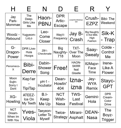 Songs Bingo Card