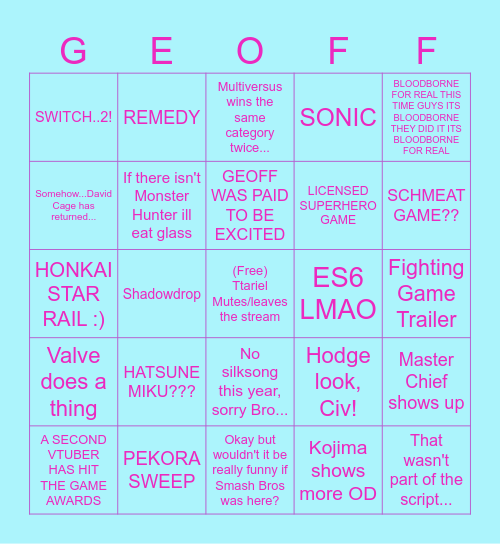 TGA 2024 Bingo Card