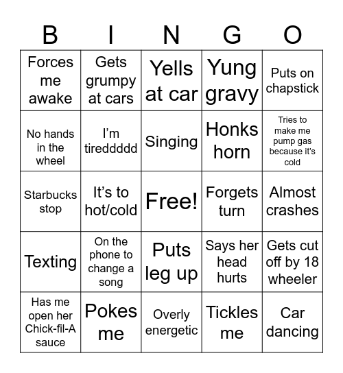 Julia driving Bingo Card