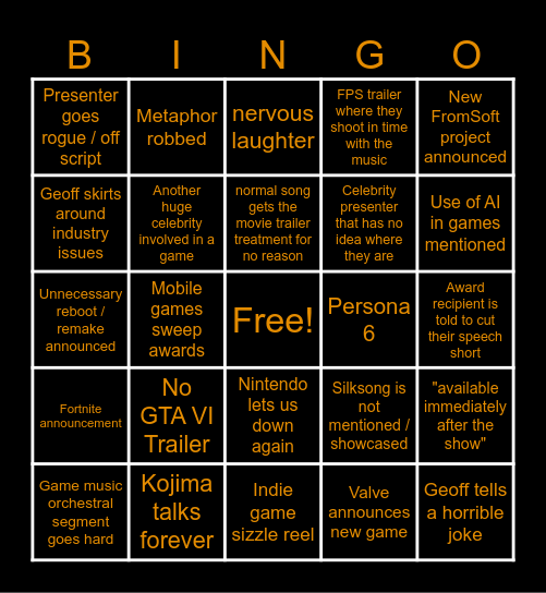 TGA Bingo Card