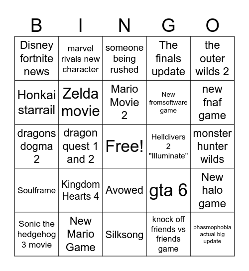 The Game Awards Bingo Card