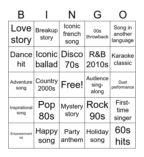 BINGO KARAOKE Bingo Card