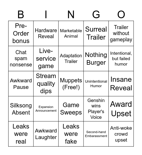Game Awards Bingo Card