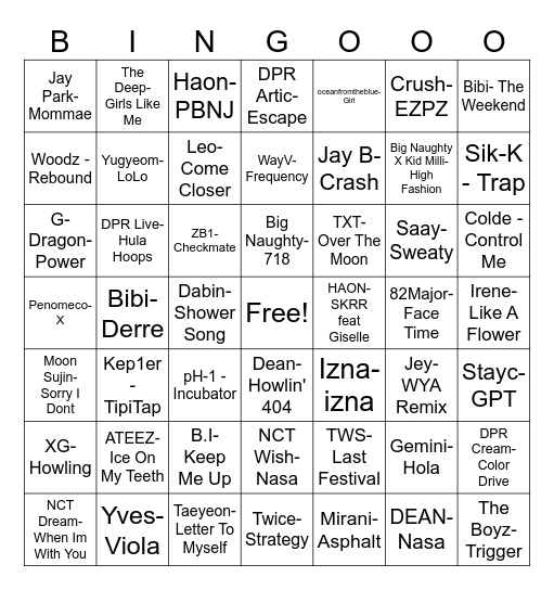 Songs Bingo Card