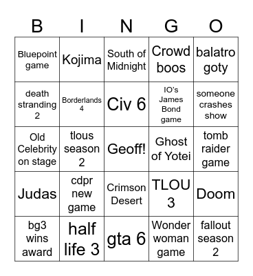 Game awards Bingo Card