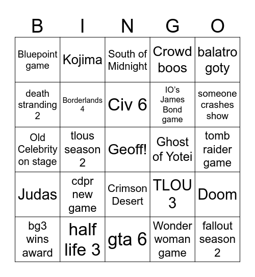 Game awards Bingo Card