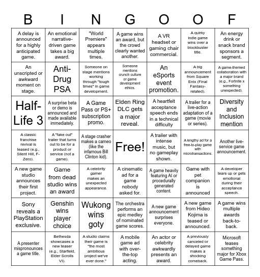 Game Awards Bingo Card