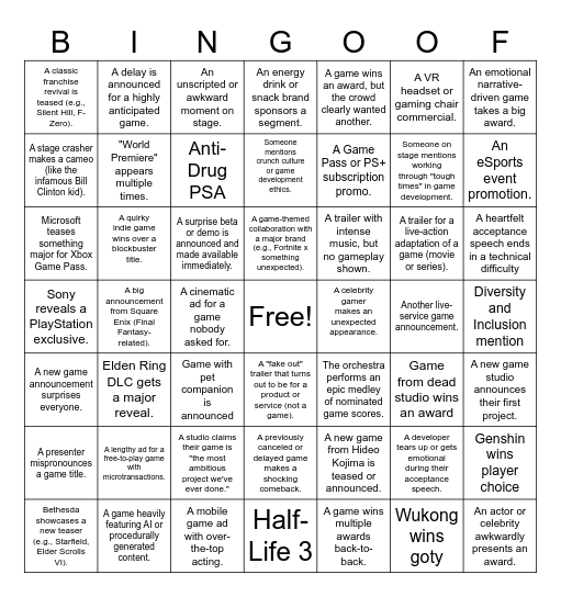 Game Awards Bingo Card