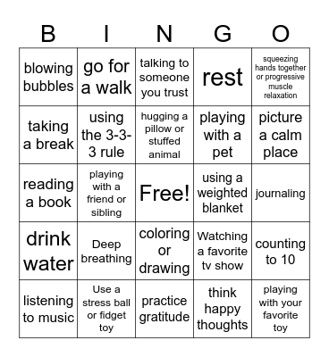 Coping Skills Bingo Card