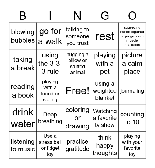 Coping Skills Bingo Card