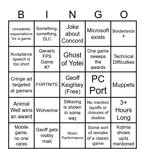 The Game Awards Bingo Card