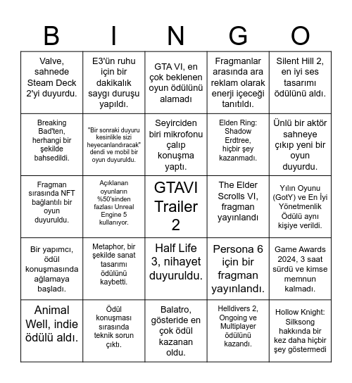 TGA Bingo Card