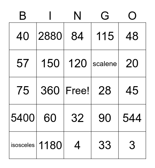 Interior/Exterior Angles Bingo Card