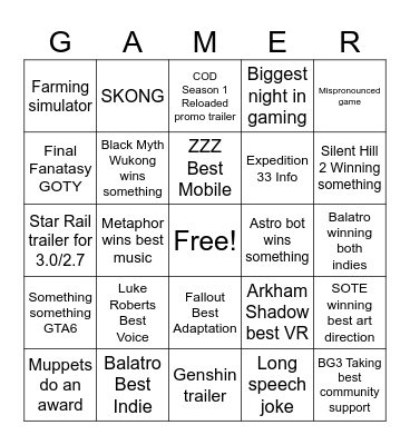 Game Awards Bingo Card