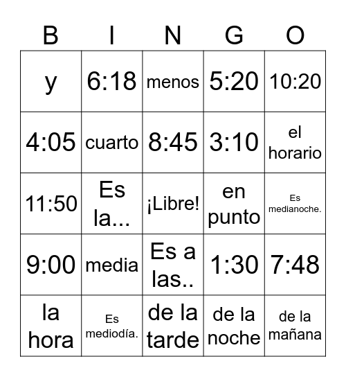 La hora Bingo Card