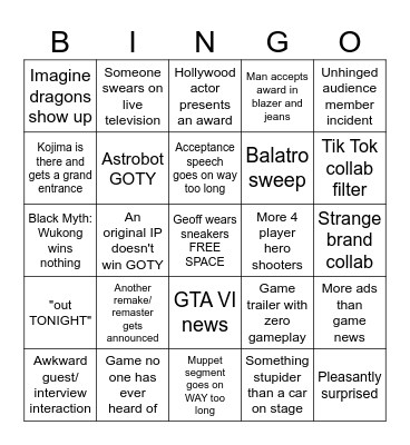 2024 Game Awards Bingo Card