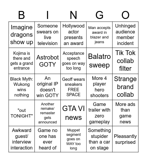 2024 Game Awards Bingo Card