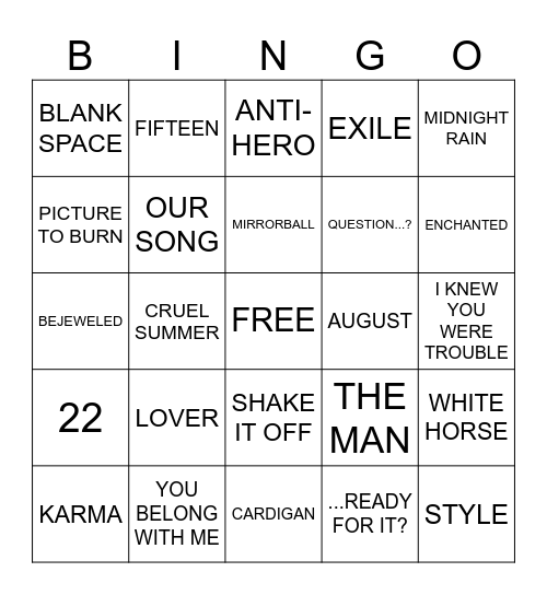 SWIFTIES ONLY Bingo Card