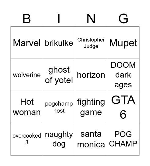 GAMEAWARDS 2024 Bingo Card