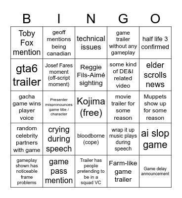 EGG TGA Watch Party 2024 Bingo Card