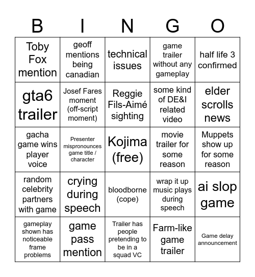 EGG TGA Watch Party 2024 Bingo Card