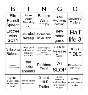 2024 Game Awards Bingo Card