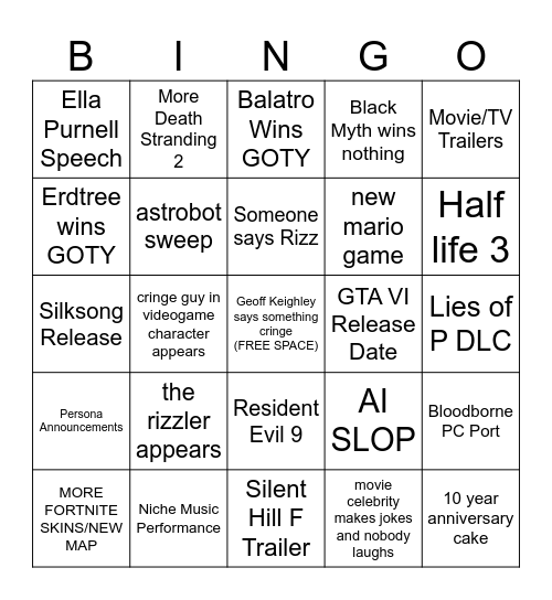 2024 Game Awards Bingo Card